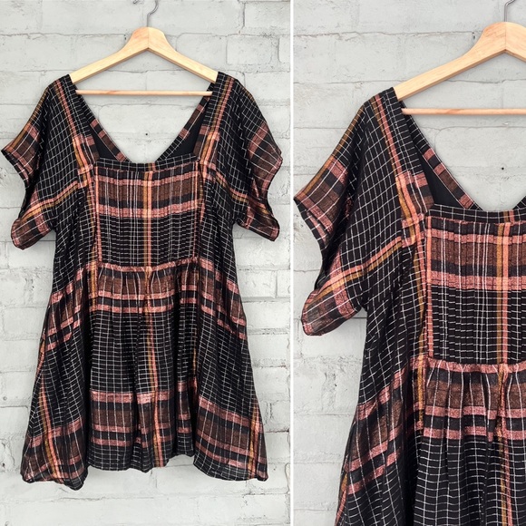 Free People Black and Metallic Bronze Plaid Mini Dress - Picture 7 of 8